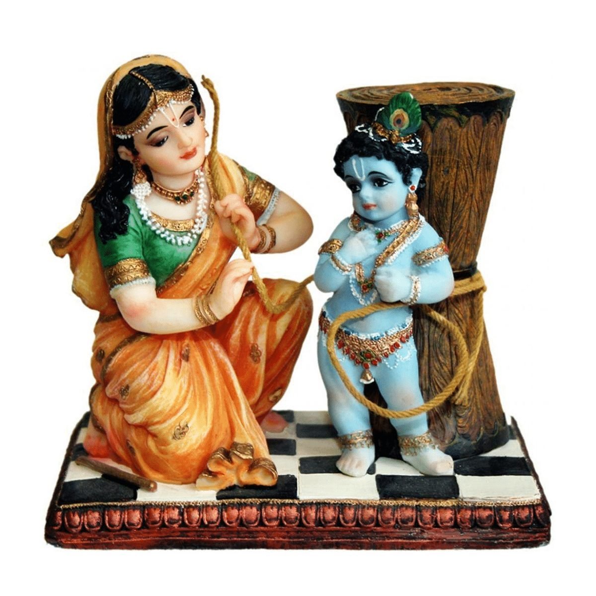 Handcrafted Damodar Leela Maa Yashoda Binding Krishna Idol for Temple & Decor-Multicolour-Height-5.5 Inches-Resin