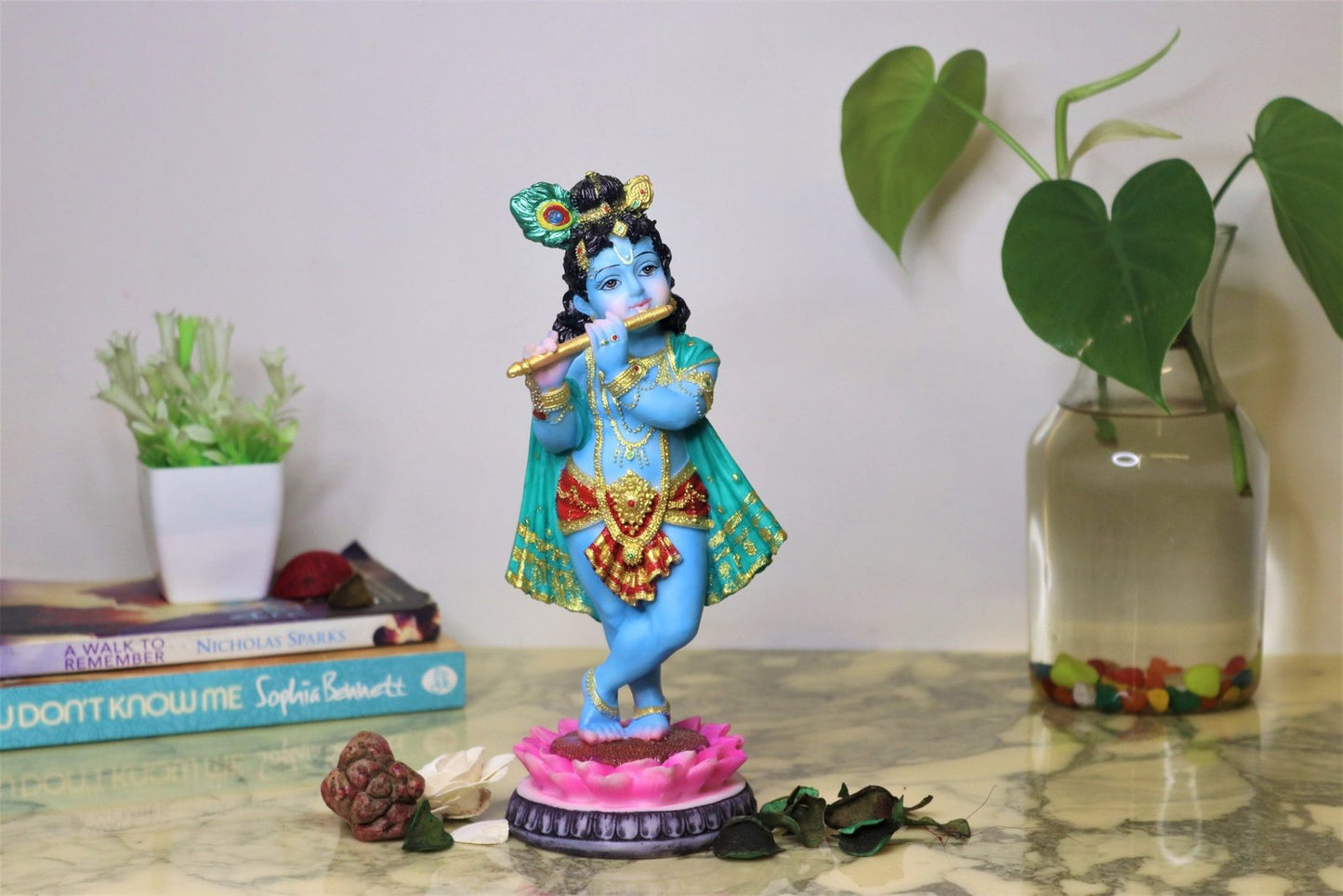 Handcrafted Cute Krishna Idol Standing On Lotus Playing Flute-Height-8.5 Inches-Multicolour-Resin