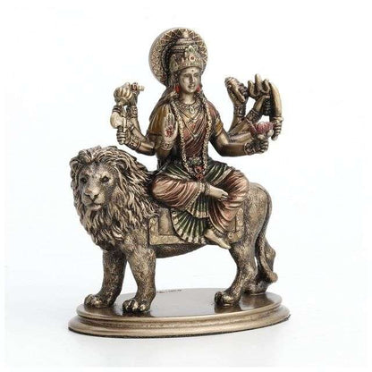 Sri Krishna Culture Hindu Goddess Durga Riding on Lion Miniature Statue Resin Hand Painted Figurine-Height-3.75 Inches
