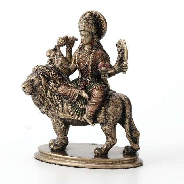 Sri Krishna Culture Hindu Goddess Durga Riding on Lion Miniature Statue Resin Hand Painted Figurine-Height-3.75 Inches