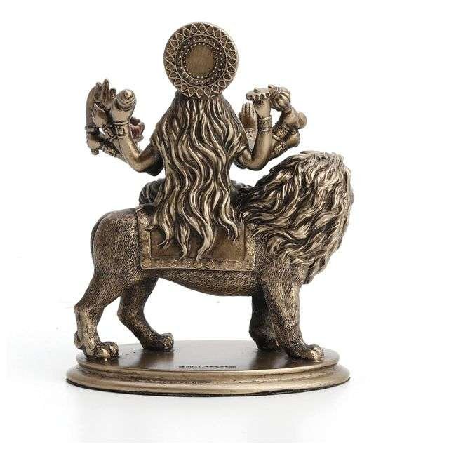 Sri Krishna Culture Hindu Goddess Durga Riding on Lion Miniature Statue Resin Hand Painted Figurine-Height-3.75 Inches