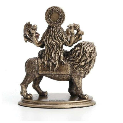 Sri Krishna Culture Hindu Goddess Durga Riding on Lion Miniature Statue Resin Hand Painted Figurine-Height-3.75 Inches