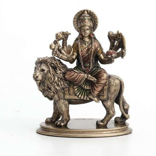 Sri Krishna Culture Hindu Goddess Durga Riding on Lion Miniature Statue Resin Hand Painted Figurine-Height-3.75 Inches