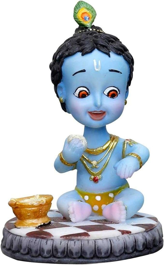 Sri Krishna Culture- Cute Cartoon Krishna Eating Butter On Base for Home Decoration-Height-5 Inches