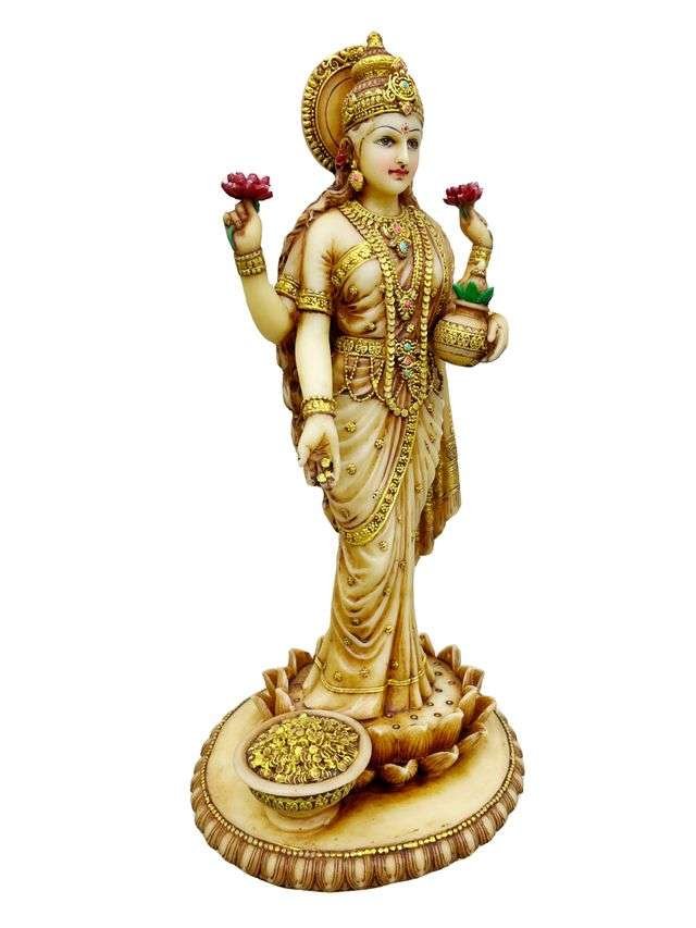 New Big Beautiful Standing Laxmi -Height 10.5 Inches-Ivory Antique Finish-Resin for Home Decoration