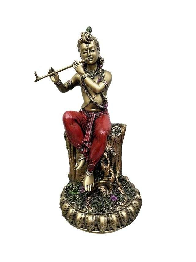 New Large Sitting Krishna On Tree Trunk Playing Flute-Height-20 Inches-Antique Finish-Resin