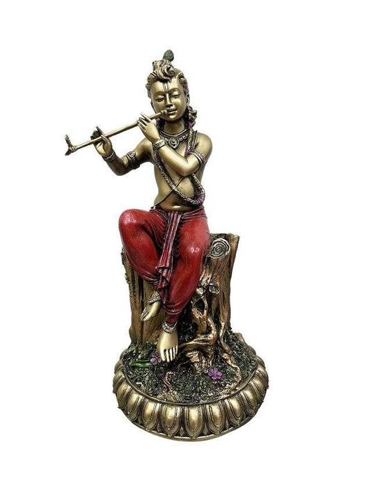 New Large Sitting Krishna On Tree Trunk Playing Flute-Height-20 Inches-Antique Finish-Resin