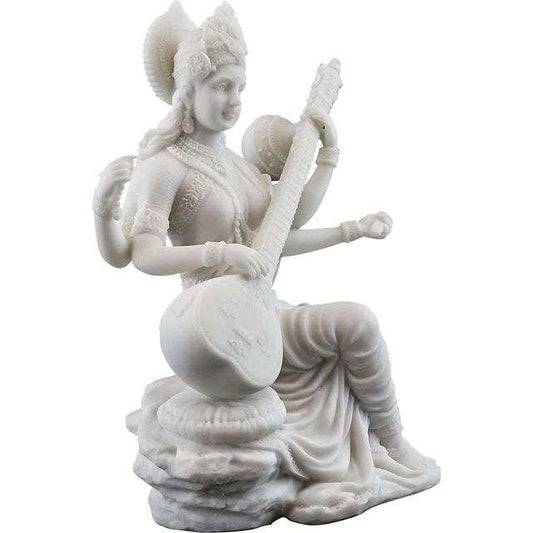 New Small Saraswati Playing Sitar-Height-3 Inches-Marble White Finish-for Car and Home Décor