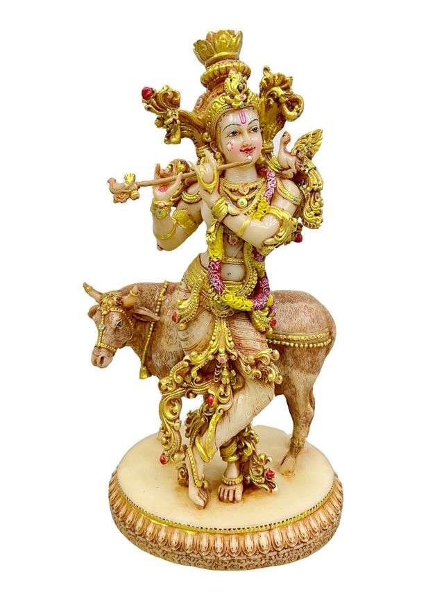 New Standing Krishna Playing Flute Besides Cow-Height-10.5 Inches for Home Decoration-Antique Finish