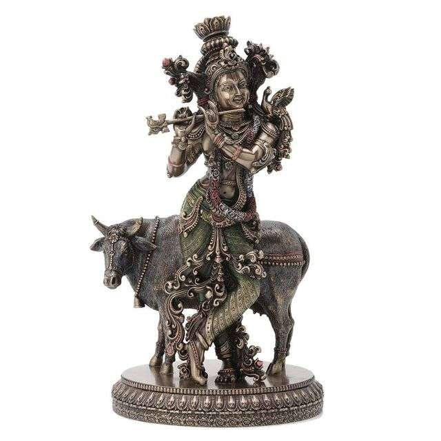 New Standing Krishna Playing Flute Besides Cow-Height-10.5 Inches Showpiece for Home Decoration-Multicoloured, Resin