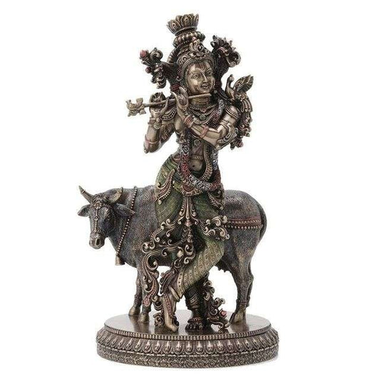 New Standing Krishna Playing Flute Besides Cow-Height-10.5 Inches Showpiece for Home Decoration-Multicoloured, Resin