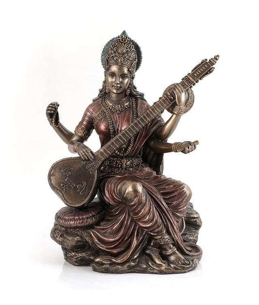 New Large Sitting Saraswati Playing Sitar-Antique Finish-Height-6 Inches for Home Decoration