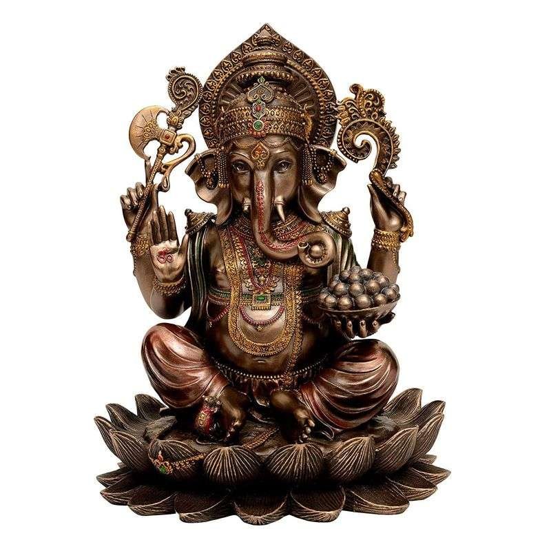 New Large Sitting Ganesh On Lotus -Height-12.5 Inches-Antique Finish-for Home Decoration