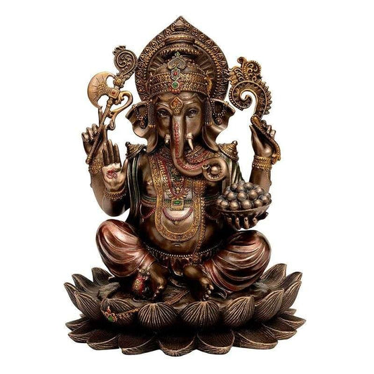 New Large Sitting Ganesh On Lotus -Height-12.5 Inches-Antique Finish-for Home Decoration