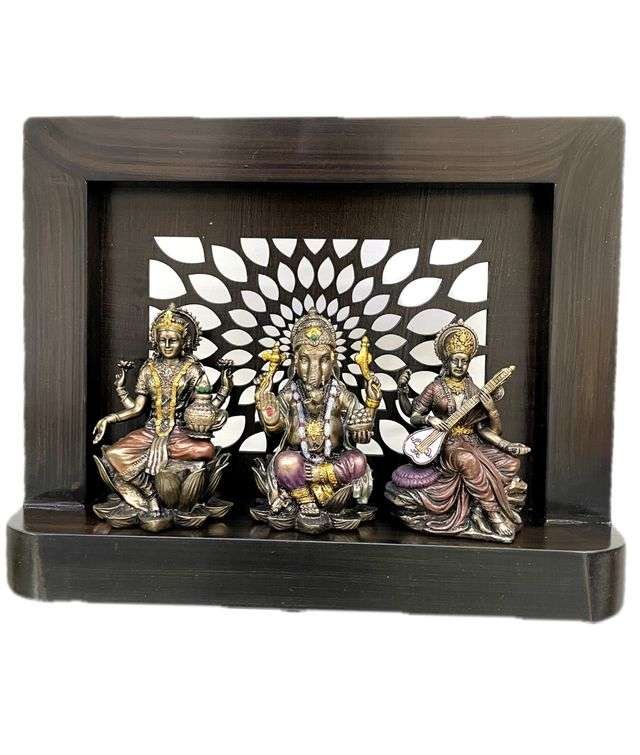 Laxmi Ganesh and Saraswati On Large Wooden Stand with Cutwork-Frame for Decoration in Home and Temple Purposes-Height-11 Inches