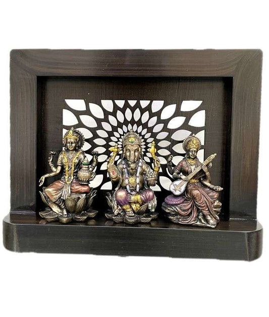 Laxmi Ganesh and Saraswati On Large Wooden Stand with Cutwork-Frame for Decoration in Home and Temple Purposes-Height-11 Inches