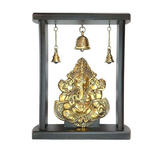 Brass Ganesh Temple for Home Décor-Height-13 Inches-Material Brass and Wood-Ganesha