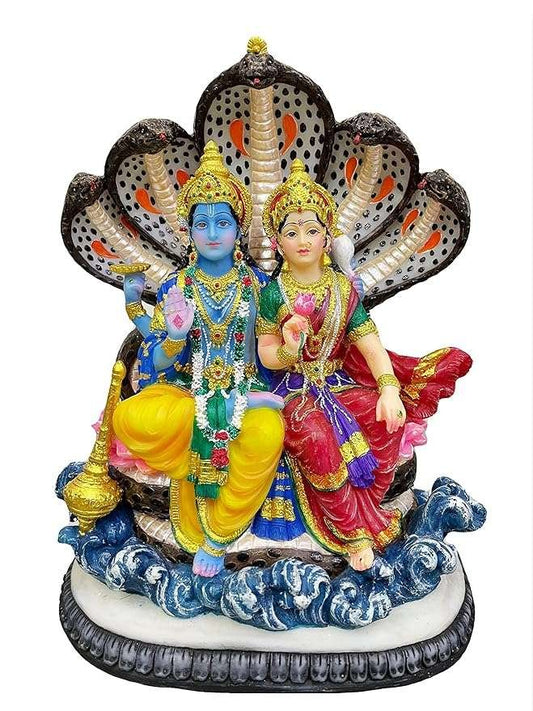 Sri Krishna Culture-New Vishnu and Laxmi Ji Sitting with Snake (Sinhasan Pose)-Multicoloured-Height-10 Inches