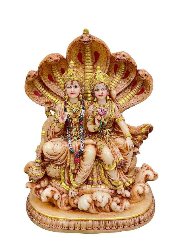 New Vishnu and Laxmi Ji Sitting with Snake (Sinhasan Pose)-Ivory Antique Finish-Height-10 Inches
