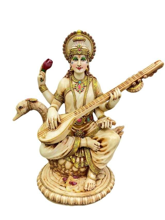 New Large Sitting Saraswati Playing Sitar -Ivory Antique Finish-Height-25 Inches