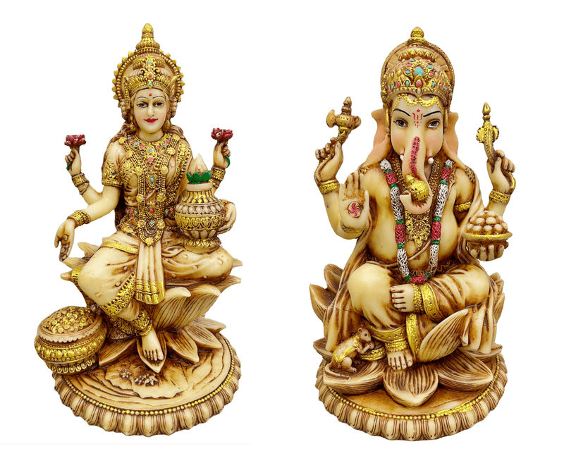 Laxmi and Ganesh-Set for Home and Gift-Height 8 Inches-Ivory Antique Finish