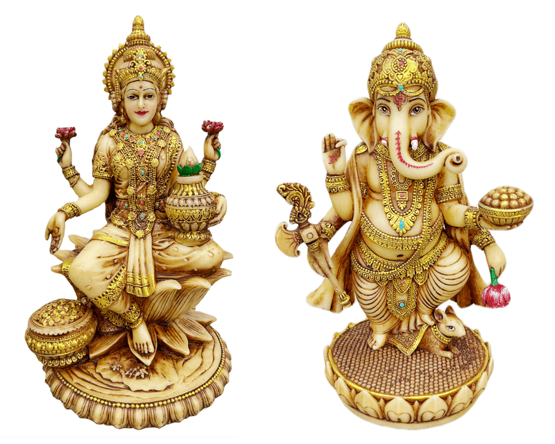 Laxmi and Ganesh (Standing Position) Set for Home and Gift-Height 8 Inches-Ivory Antique Finish
