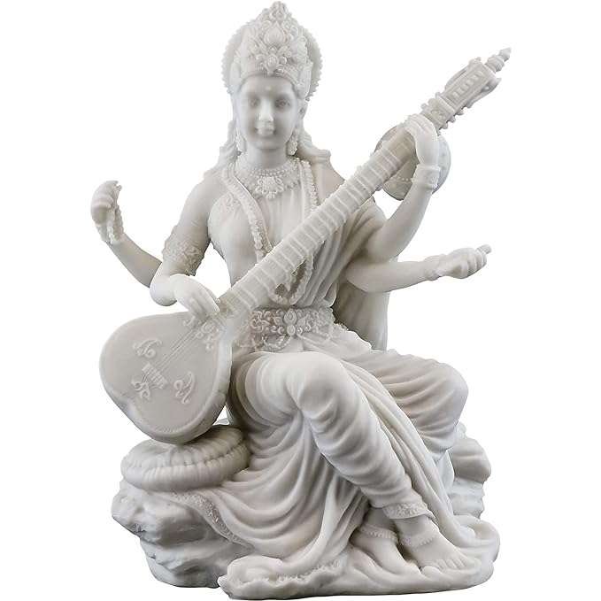 Big Beautiful Saraswati Sitting on Rocks Playing Sitar for Home Decoration-Height-6 Inches-Glossy White-Marble