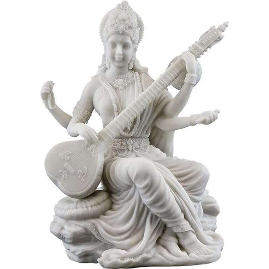 Big Beautiful Saraswati Sitting on Rocks Playing Sitar for Home Decoration-Height-6 Inches-Glossy White-Marble