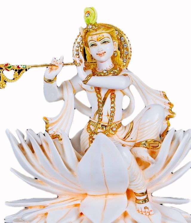 New Big Beautiful Krishna Playing Flute On Lotus Home Decoration-Height-8 inches-Glossy White Finish-Marble