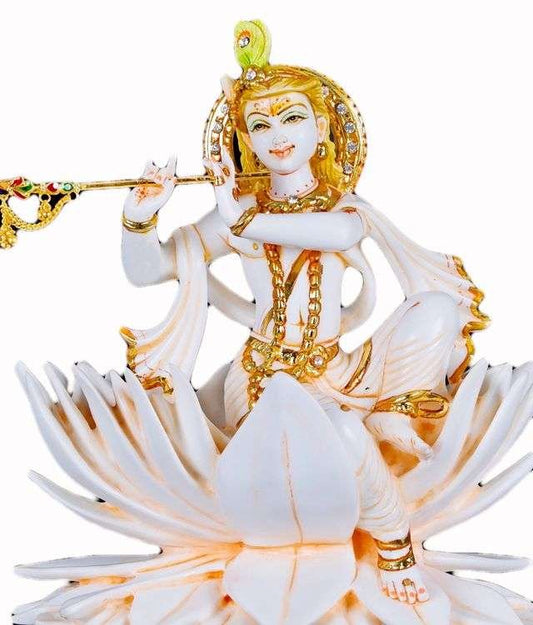 New Big Beautiful Krishna Playing Flute On Lotus Home Decoration-Height-8 inches-Glossy White Finish-Marble