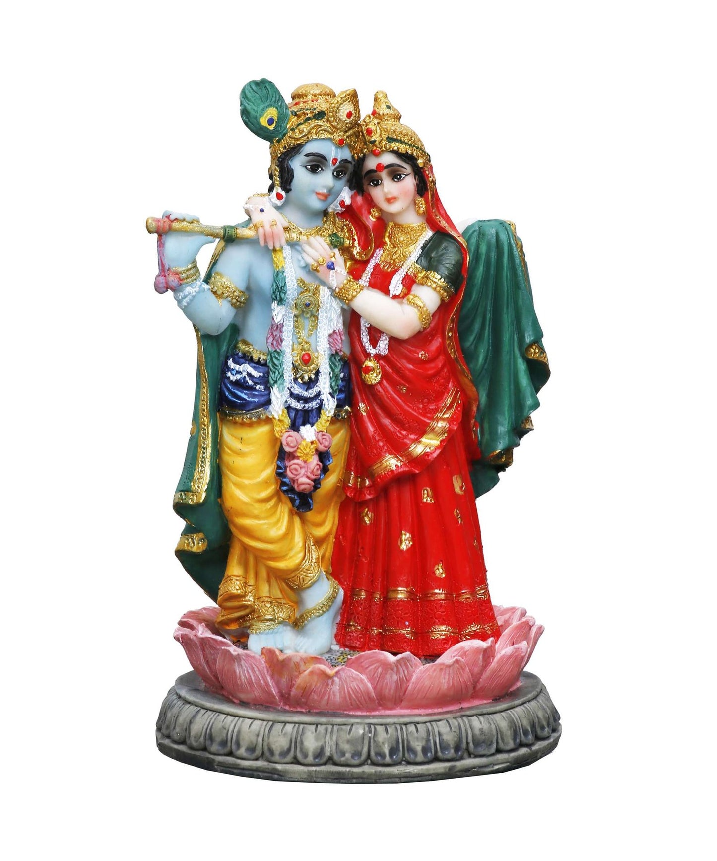 Handcrafted Standing Radha Krishna Standing On Lotus Idol-Height-5.5"-Resin-Multicolour