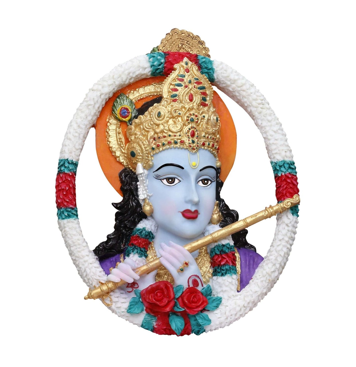 Handcrafted Big Beautiful Flute Krishna Idol Wall Hanging (Round Shaped)-Height-8 Inches-Multicoloured