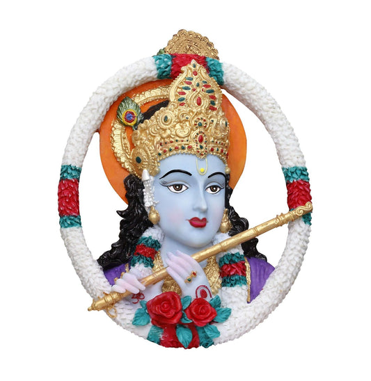 Handcrafted Big Beautiful Flute Krishna Idol Wall Hanging (Round Shaped)-Height-8 Inches-Multicoloured