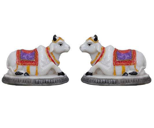 Handcrafted Small Cute Pair of Cows Idol for Home Decoration-Height-3 Inches-Multicoloured-Resin