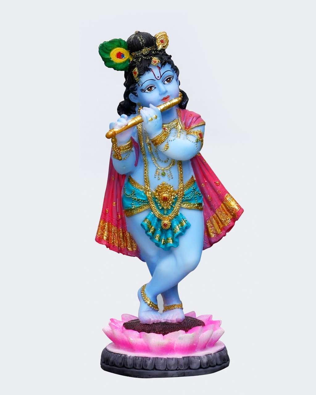 Handcrafted Cute Krishna Idol Standing On Lotus Playing Flute-Height-6 Inches-Multicolour-Resin