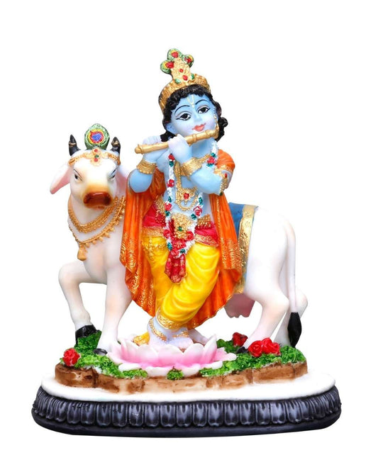 Handcrafted Medium Standing Beautiful Krishna Idol Playing Flute Besides Cow-Height-5.5 Inches-Multicoloured-Resin