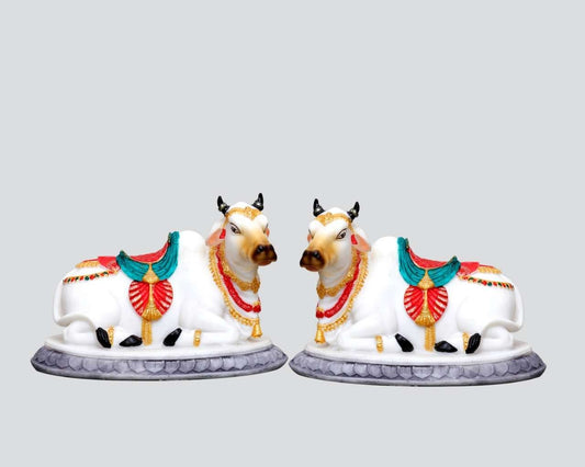 Handcrafted Big Cute Kneeling Cow Pair Idol-Height-4.5 Inches-Multicoloured-Resin