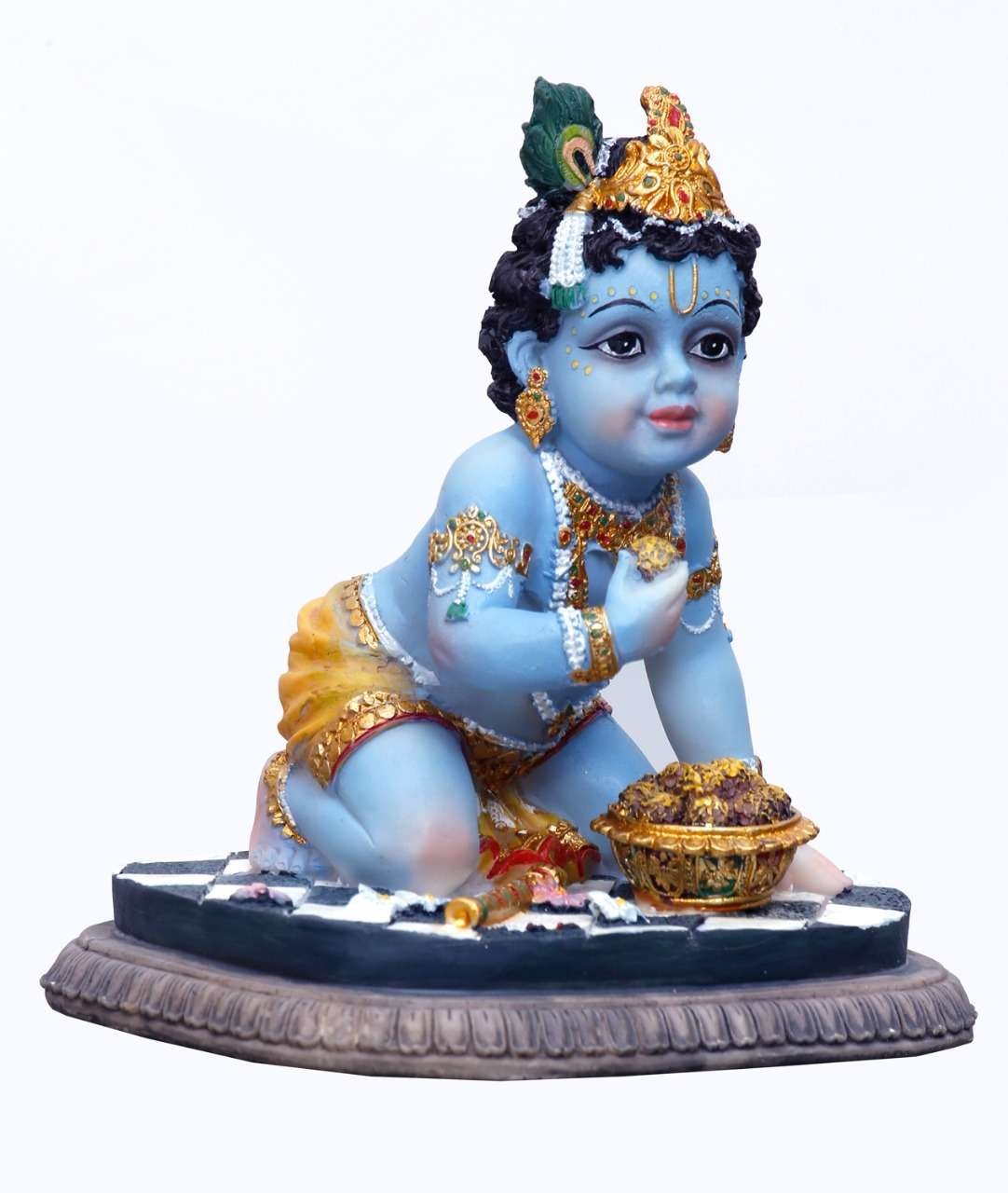 Handcrafted Big Beautiful Krishna Idol On Knees for Home Decoration-Height-6 Inches-Multicoloured-Resin