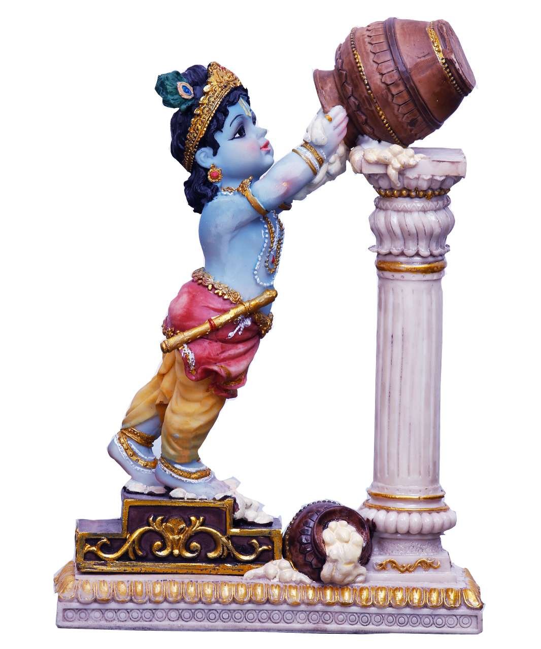 Handcrafted Big Cute Krishna Idol Leaning Towards Pillar-Height-9 Inches-Multicoloured-Resin