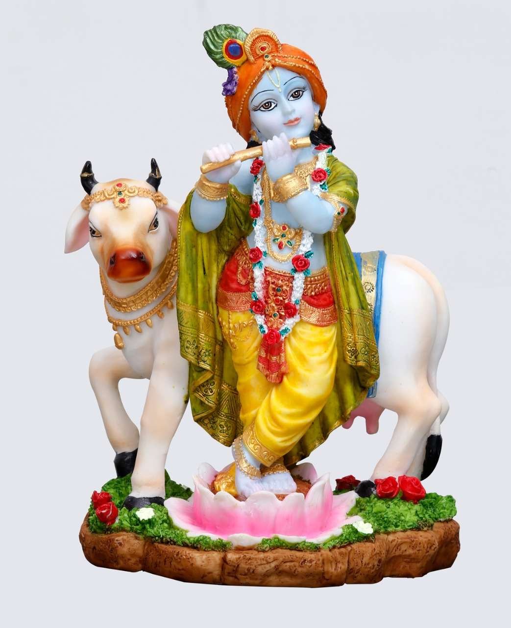 Handcrafted Big Beautiful Standing Krishna Idol Playing Flute Besides Cow-Height-9.5 Inches-Multicoloured-Resin