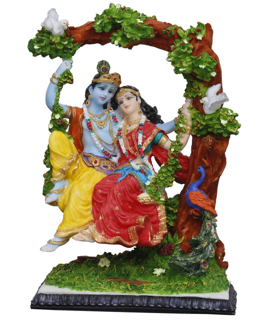 Handcrafted Big Beautiful Radha Krishna Idol On A Swing-Height-12.5 Inches-Multicolour-Resin
