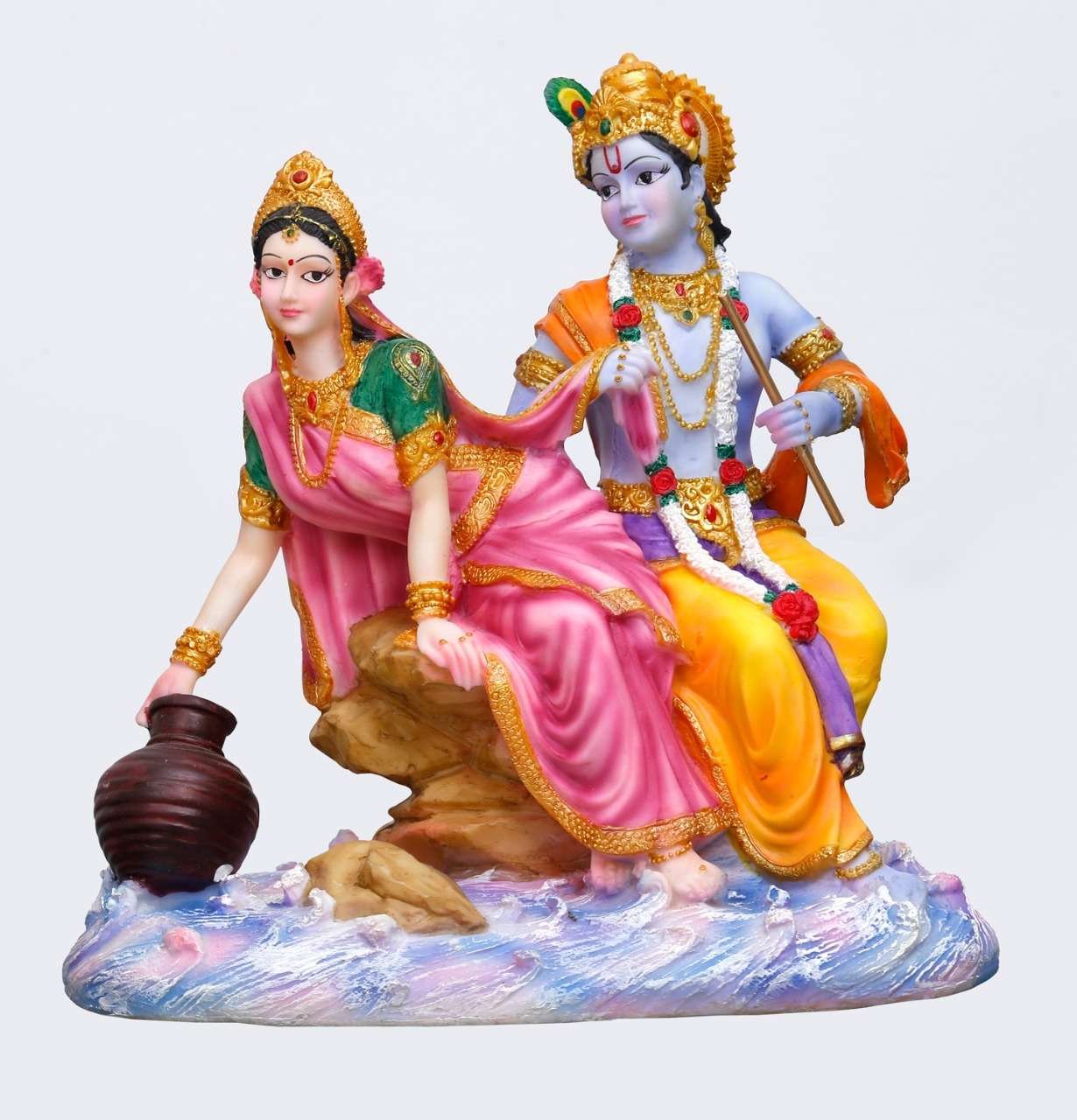 Handcrafted Cute Radha Krishna Idol Besides Yamuna River-Height-9.5 Inches-Multicolour-Resin