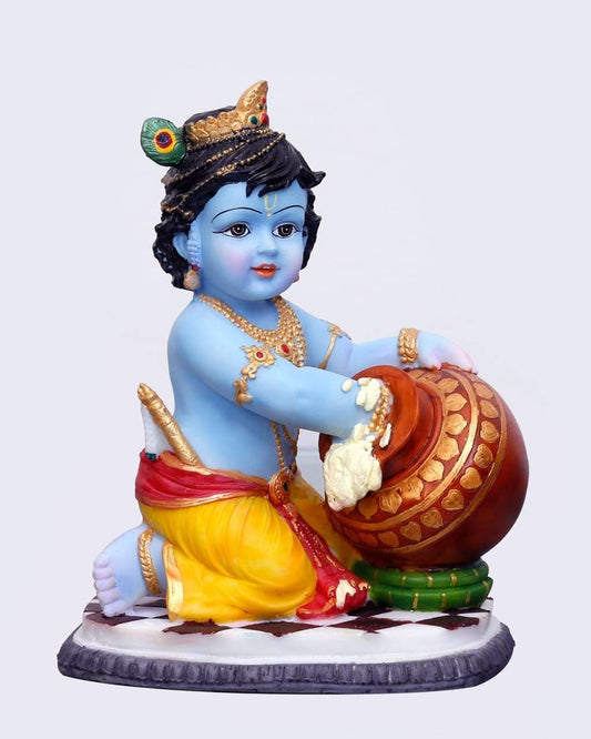 Handcrafted Medium Beautiful Cute Krishna Idol Stealing Butter from Pot On Turban-Height-5 Inches-Multicolour-Resin (Copy)