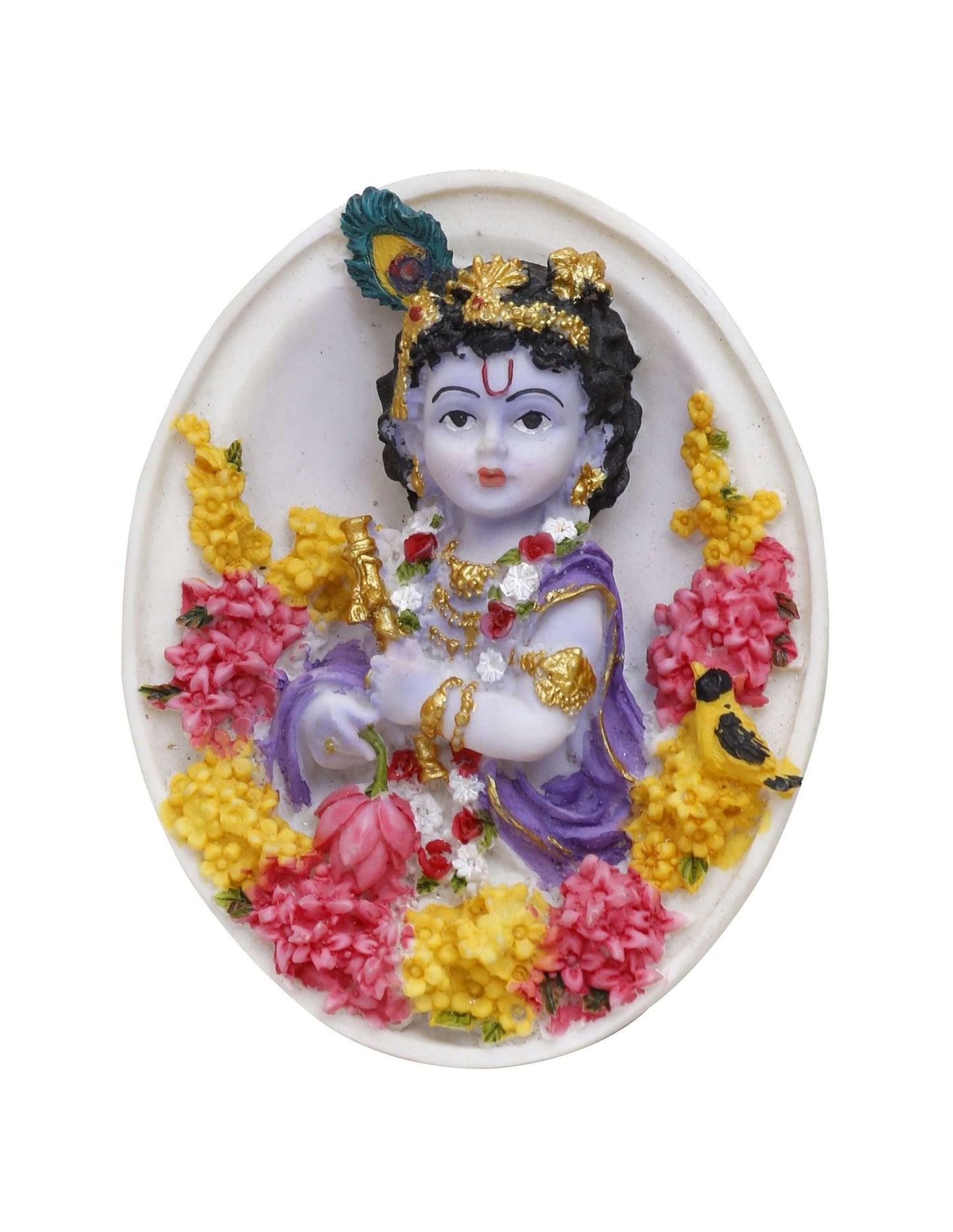 Handcrafted Big Oval Shaped Cute Krishna Idol Playing Flute (Wall Hanging)-Height-8 Inches-Multicoloured-Resin