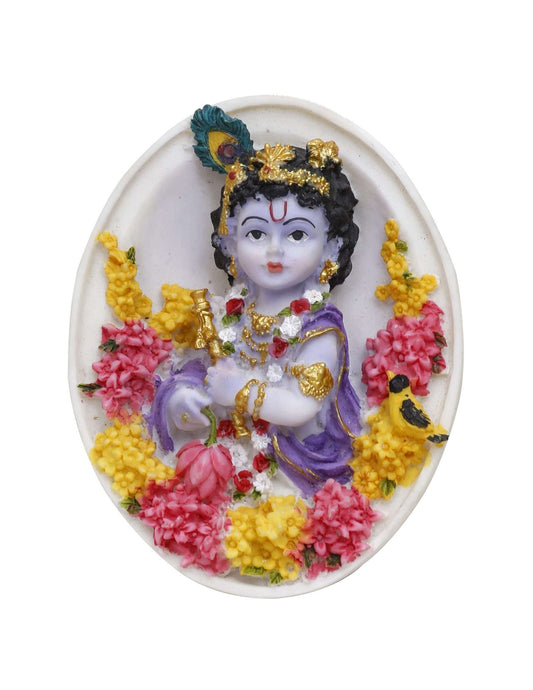 Handcrafted Big Oval Shaped Cute Krishna Idol Playing Flute (Wall Hanging)-Height-8 Inches-Multicoloured-Resin