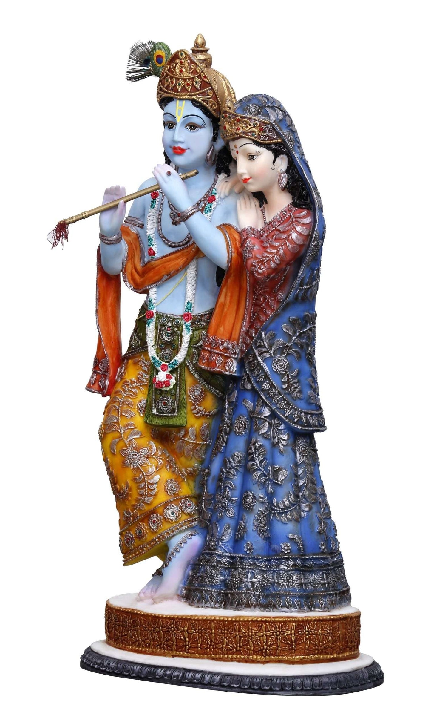 Handcrafted Big Beautiful Standing Radha Krishna with Embroidered Dress Carving-Height-12 Inches-Multicolour-Resin