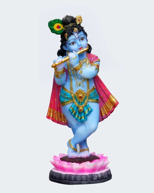 Handcrafted Standing Krishna Idol On Lotus-Height-8.5 Inch-Multicolour-Resin