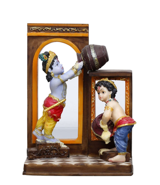 Handcrafted Big Cute Krishna Balaram Idol Stealing Butter-Height-10 Inches-Multicolour-Resin