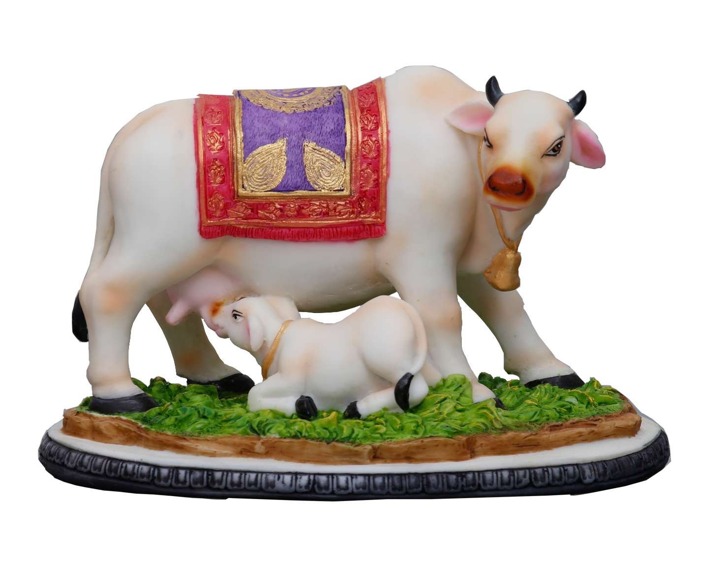 Handcrafted Medium Decorated Cow and Calf Idol On Base-Height-5 inches-Multicoloured-Resin