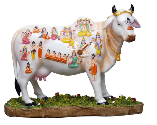 Handcrafted Large Beautiful Sacred Cow Idol-Height-10 Inches-Multicoloured-Resin